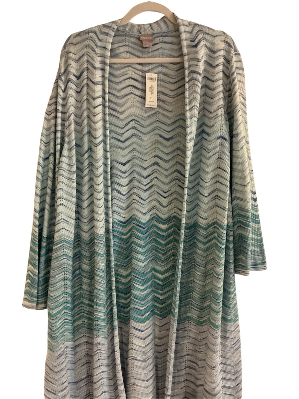 Chicos Lightweight Chevron Open Cardigan in Mint and Blue Size 3 NWT
